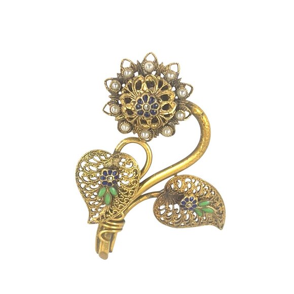 Vintage Floral Filigree Brooch Pin With Enamel & Faux Pearl Accents Gold Tone Co - Picture 4 of 8